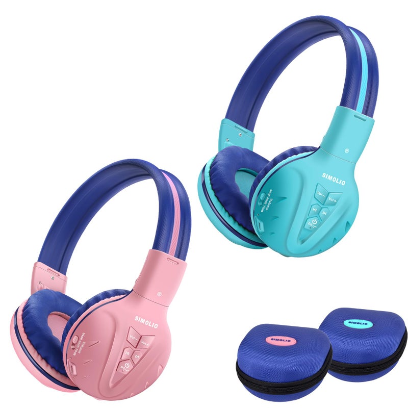 SIMOLIO 2 Pack Wireless Bluetooth Kids Headphone with Hard Case & Volume Limited, Over-Ear Wireless Headphones for Kids, Girls, Boys, School,Travel (Mint,Pink) - Image 1